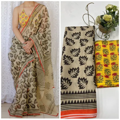 Soft Munga Kota Cotton Checks Saree with Beautiful Prints & Contrast Blouse